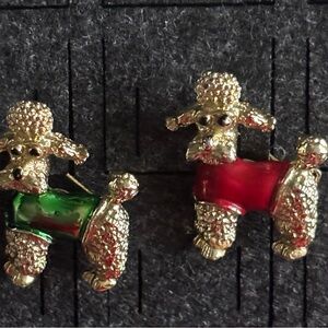 Vintage Signed GERRY'S Poodle Pin Brooch Set Green Sweater and Red Sweater